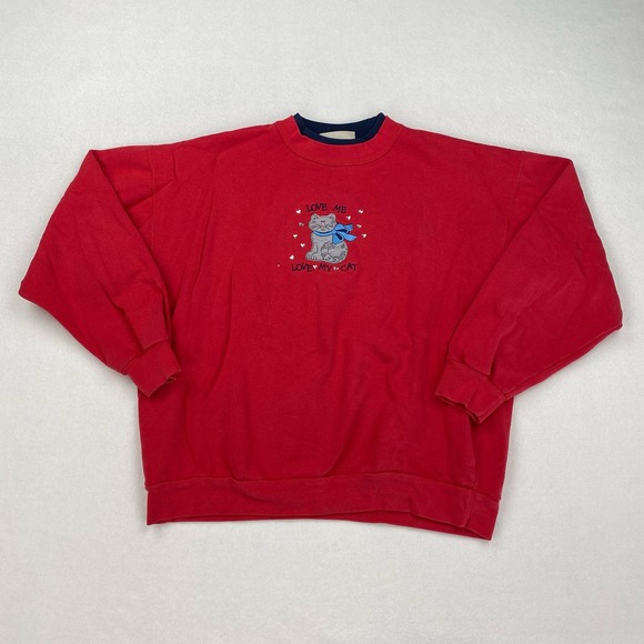 Vintage Cat Sweatshirt Size Large Red Double Collar Crewneck Crazy Cat Lady 90s - Picture 1 of 11